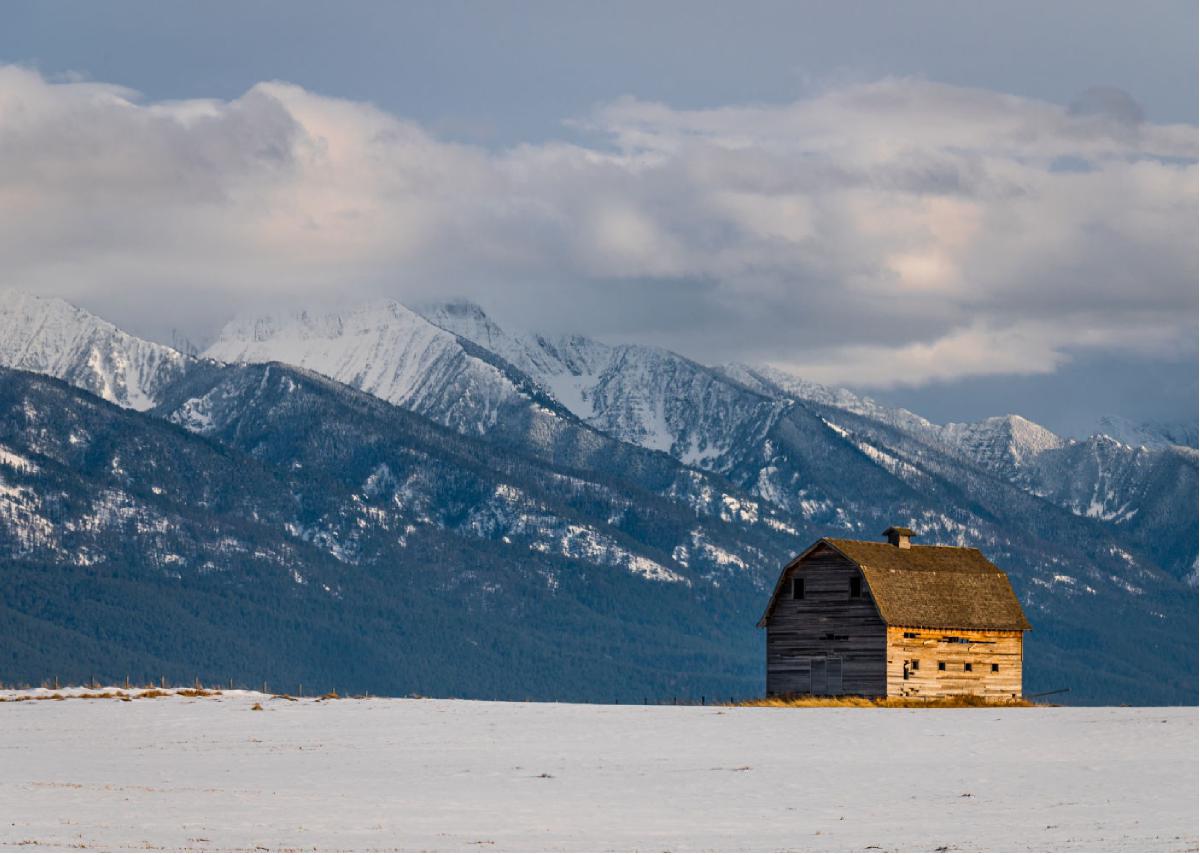 Winter 3 Barn and Mountains